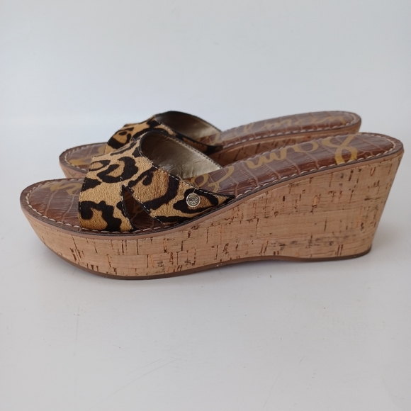 Sam Edelman Cork Wedge Leopard Calf Hair Reid Slip On Womens size 7.5 or 38 - Picture 2 of 15